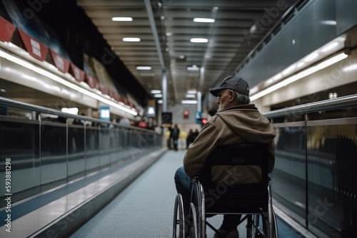 man in a wheelchair in front of an in front of the stairs or escalator to the building . logistic problem for people with disabilities. ai generative