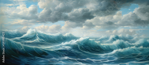 Atlantic ocean storm with turbulent gale force surf, deep blue sea waves and surreal rain clouds, vast expansive seascape horizon - generative AI 