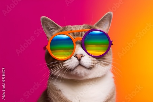 cat colourful pet cute animal sunglasses fashion portrait funny neon. Generative AI. © SHOTPRIME STUDIO