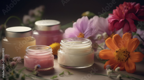 Natural organic eco cosmetics in open jars with bloom. Al generated