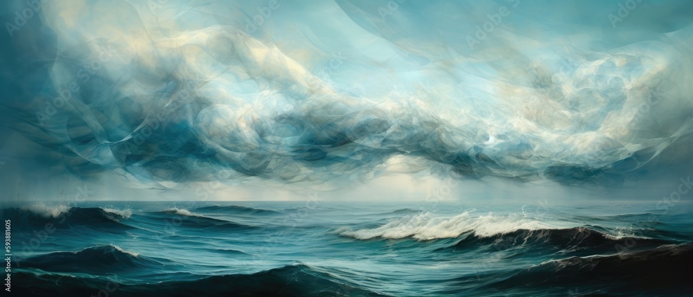 Atlantic ocean storm with turbulent gale force surf, deep blue sea waves and surreal rain clouds, vast expansive seascape horizon - generative AI	
