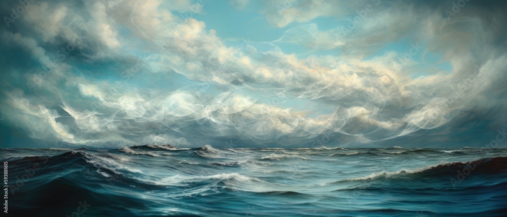 Atlantic ocean storm with turbulent gale force surf, deep blue sea waves and surreal rain clouds, vast expansive seascape horizon - generative AI	
