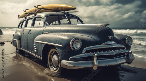 Retro Happy Hippie Vintage Tropical Standup Paddle Board SUP Woody Car. AI generated photo