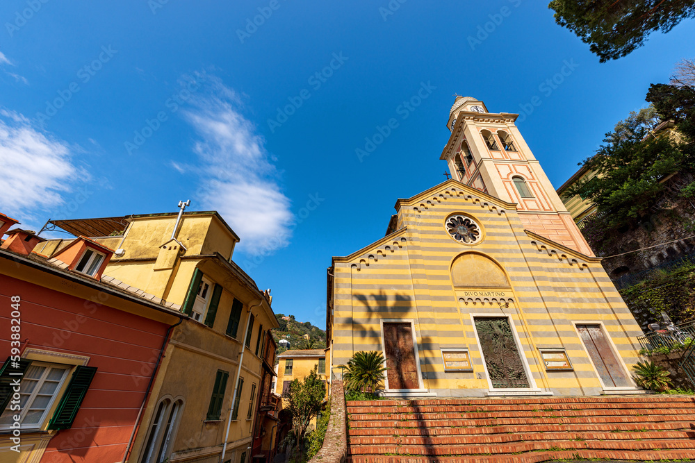 Portofino. Divo Martino Church in Lombard Romanesque style, XII century, Martin of Tours, religious saint. Tourist resort in Genoa Province, Liguria, Italy, Europe.
