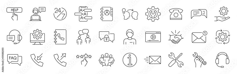 Set of 30 Contact us, support and Help icons in line style. Outline icons collection. Simple vector illustration. Assistance, customer, review, 24 hrs, contact. Editable stroke - obrazy, fototapety, plakaty 