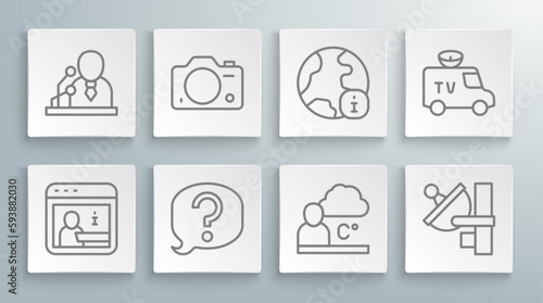 Set line Information, Photo camera, Speech bubble chat, Weather forecast, Radar, World news, TV News car and Breaking icon. Vector