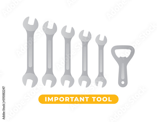 Vector service key symbols with beer opener. Text Important tool. Isolated on white background.