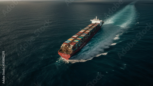 Realistic illustration cargo ship in the open sea stormy weather and braking. Al generated