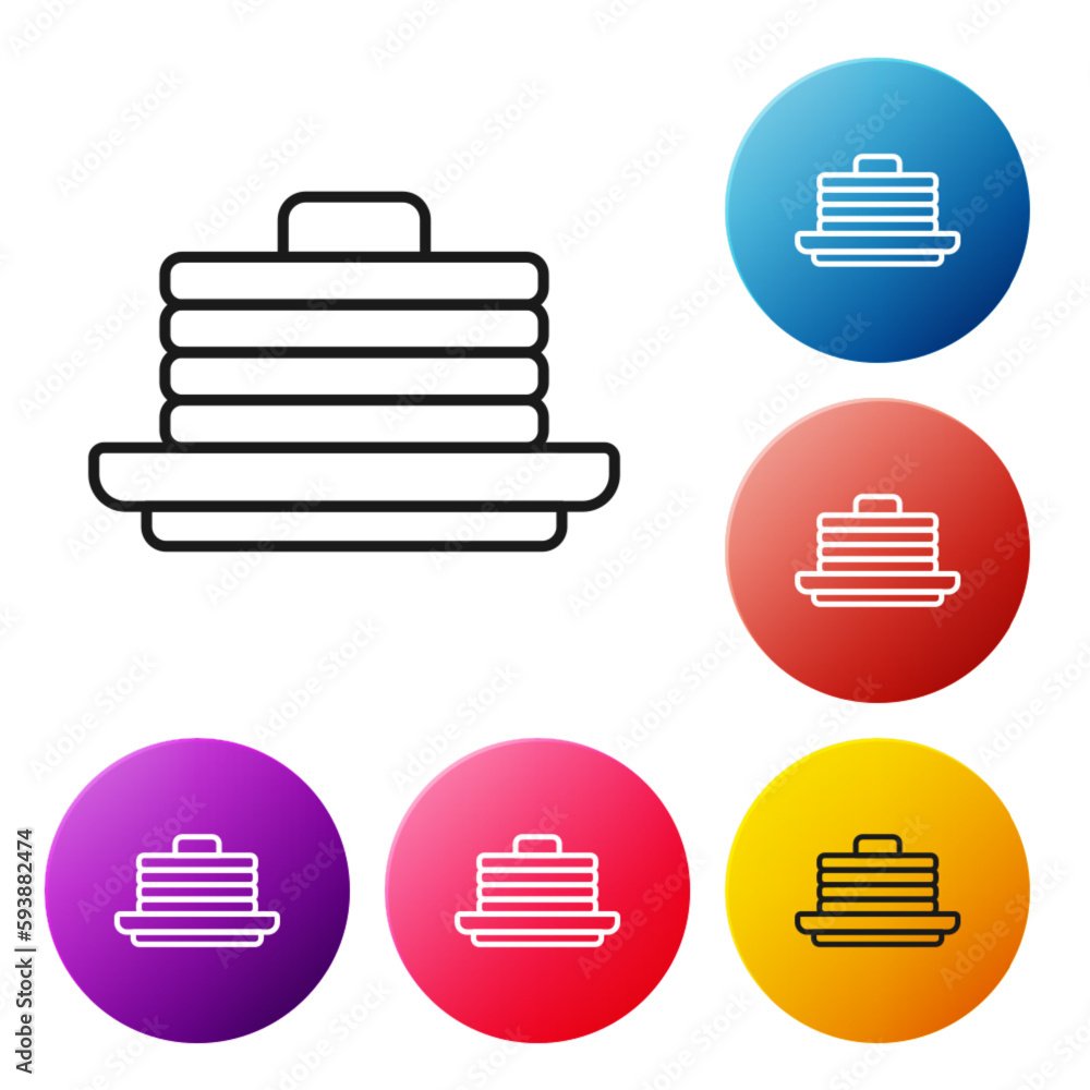 Black line Stack of pancakes icon isolated on white background. Baking with syrup and cherry. Breakfast concept. Set icons colorful circle buttons. Vector Black line Stack of pancakes icon isolated on white background. Baking with syrup and cherry. Breakfast concept. Set icons colorful circle buttons. Vector