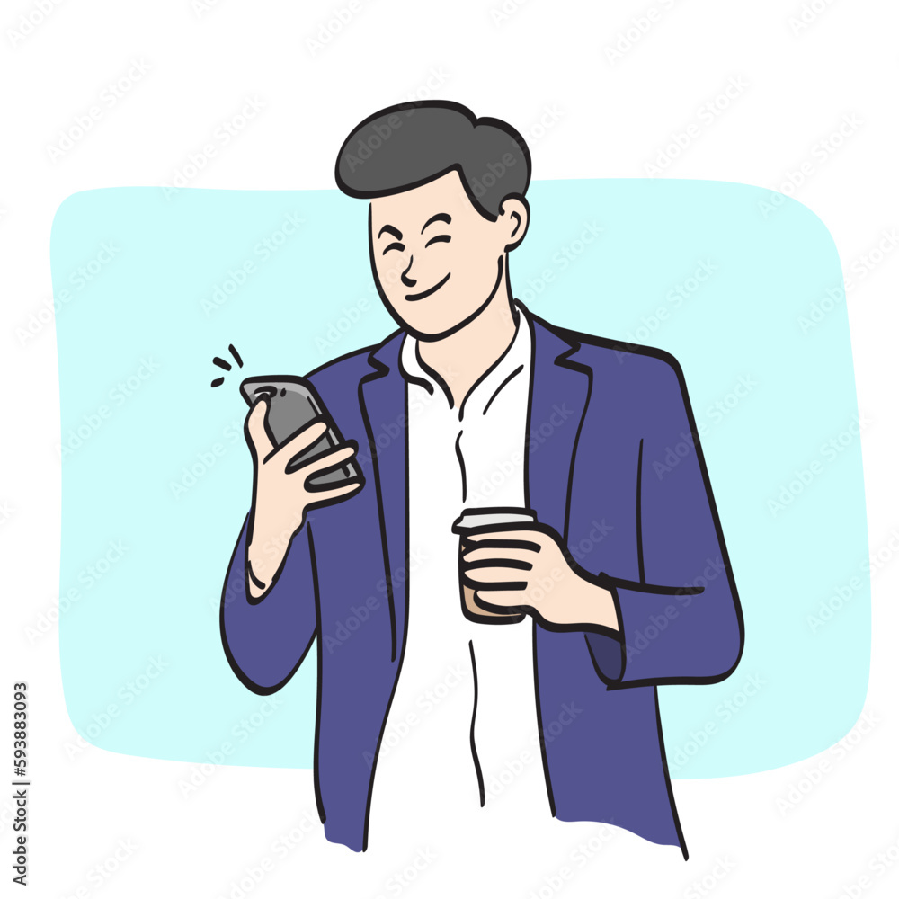 line art businessman using smartphone and takeaway coffee cup in hand illustration vector hand drawn isolated on white background line art businessman using smartphone and takeaway coffee cup in hand illustration vector hand drawn isolated on white background