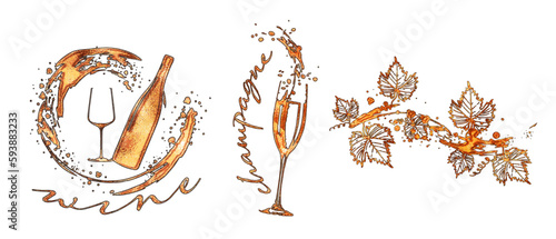Wine Designs - Collection of wine glasses and bottles. Hand drawn elements for invitation cards, advertising banners, menus in gold style. Wine glasses with splashing wine. Sketch vector illustration