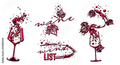 Wine Designs - Collection of wine glasses and bottles. Hand drawn elements for invitation cards, advertising banners, menus in gold style. Wine glasses with splashing wine. Sketch vector illustration