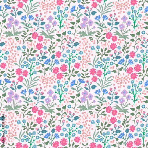Wallpaper Mural Seamless pattern with realistic spring meadow, various wildflowers, grasses. Delicate floral print, romantic botanical background with cornflowers, other flowers, leaves on a light pink background. Torontodigital.ca