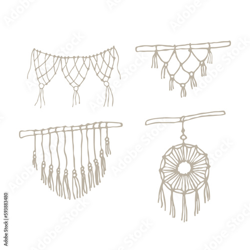 Set macrame boho wall hanging vector illustration isolate on white background. boho doodle. Home element. Cozy house. Handmade knitted wall decoration. Crochet. Rope