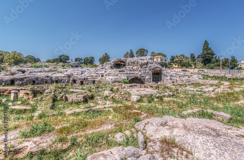 The overgrown Grotticelli Necropolis (graveyard) of the Ancient Greeks of Syracuse, Sicily. The ruins where Archimedes is supposed to be buried.