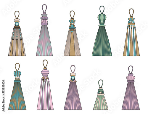 Vector illustration tassel. decorative curtain brushes, window decor, vector set of decorative curtain tassels