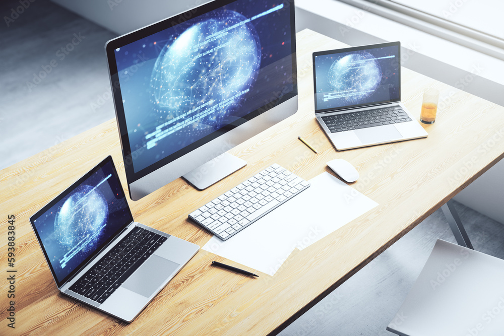 Modern computer monitor with abstract programming language with world map, research and development concept. 3D Rendering Modern computer monitor with abstract programming language with world map, research and development concept. 3D Rendering
