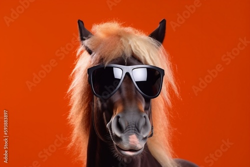 portrait goggles fun sunglasses colourful smile animal comic background funny horse. Generative AI.