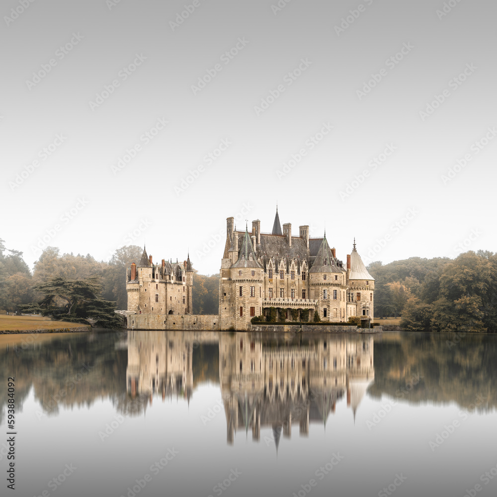 Langzeitbelichtung des alten Schlosses Chateau de la Bretesche mit Spiegelung in der Bretagne nahe Nantes
