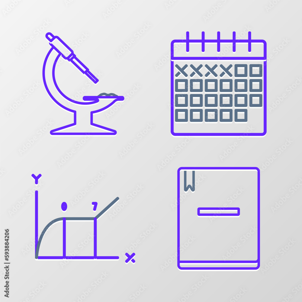 Set line Notebook, Pie chart infographic, Calendar and Microscope icon. Vector Set line Notebook, Pie chart infographic, Calendar and Microscope icon. Vector