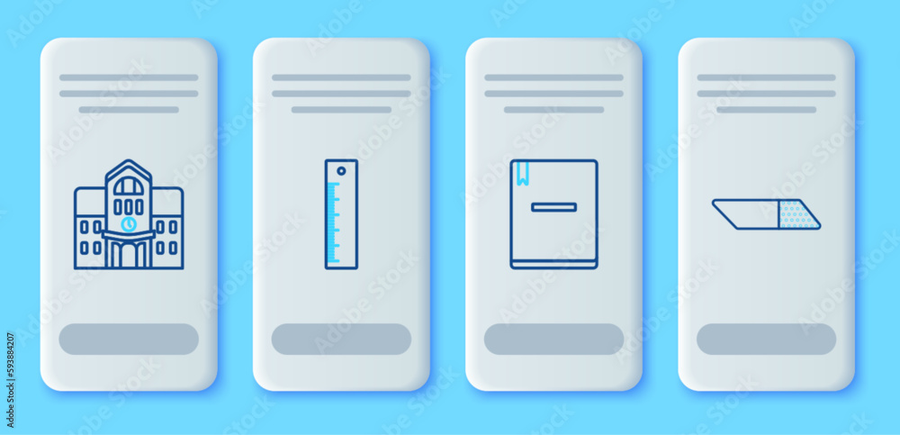 Set line Ruler, Notebook, School building and Eraser or rubber icon. Vector Set line Ruler, Notebook, School building and Eraser or rubber icon. Vector