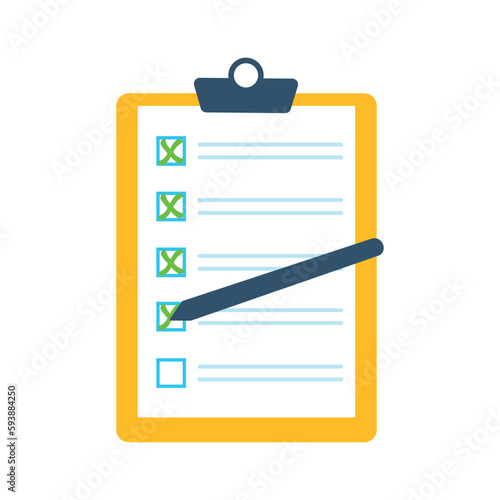 Checklist concept with crosses and pen. Questionnaire, survey, clipboard, task list. Checklist and x marks. Clipboard with checklist and crosses. Business document with a green cross
