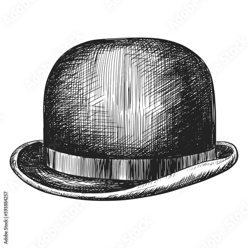 Sketch ink graphic bowler, round hat illustration, draft silhouette drawing, black on white line art. Gentleman vintage etching design