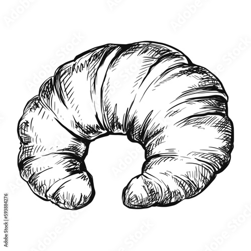 Sketch ink graphic croissant illustration, draft silhouette drawing, black on white line art. Delicious vintage etching food design