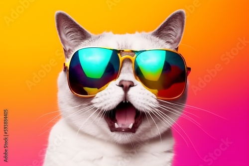cat sunglasses fashion portrait pet colourful animal neon cute funny. Generative AI.