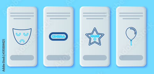 Set line Cinema poster design template, Hollywood walk of fame star on celebrity boulevard, Drama theatrical mask and Balloon with ribbon icon. Vector