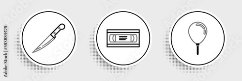 Set line Balloon with ribbon, Knife and VHS video cassette tape icon. Vector
