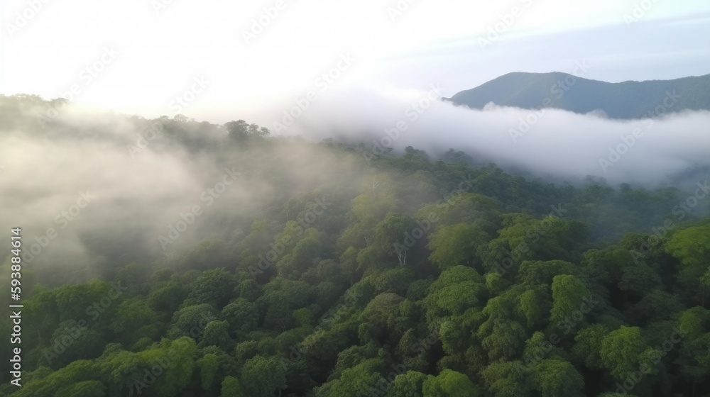 Obraz premium Foggy landscape in the jungle. fog and cloud mountain tropic valley landscape. aerial view. Generative AI.