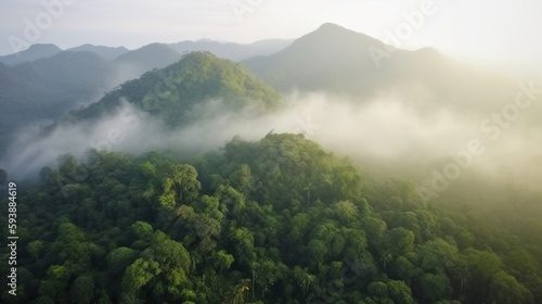 Foggy landscape in the jungle. fog and cloud mountain tropic valley landscape. aerial view. Generative AI.