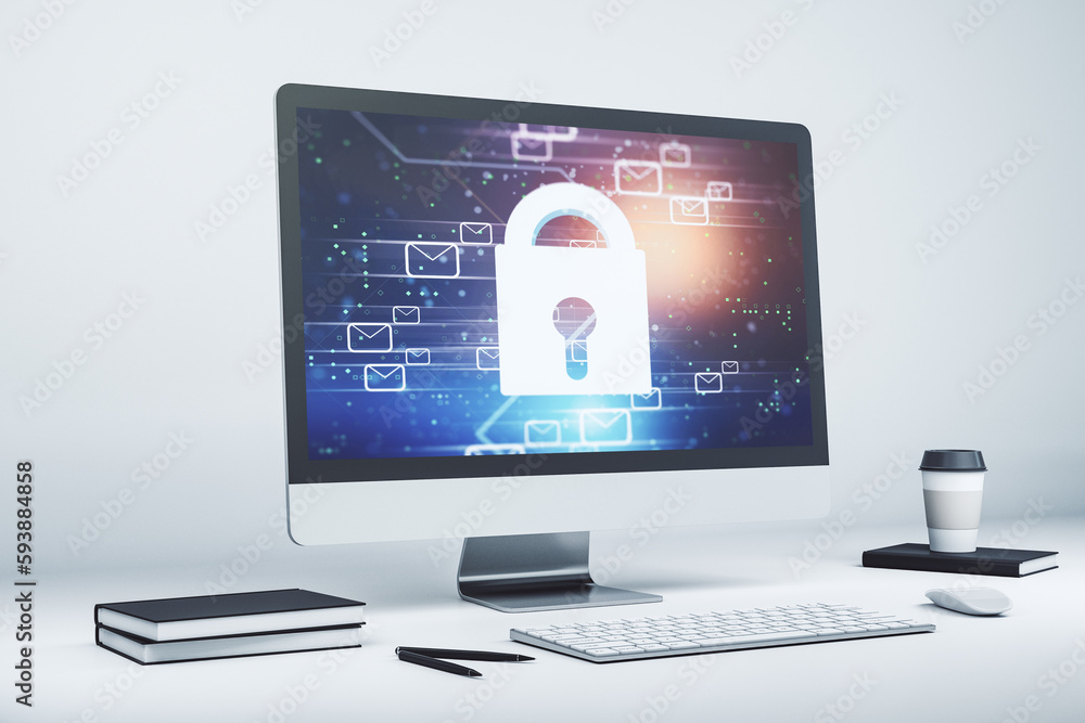 Modern computer monitor with creative lock hologram and email symbols. Information security concept. 3D Rendering Modern computer monitor with creative lock hologram and email symbols. Information security concept. 3D Rendering