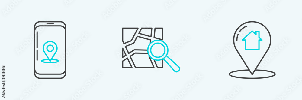 Set line Map pointer with house, Infographic of city map navigation and Folded location marker icon. Vector Set line Map pointer with house, Infographic of city map navigation and Folded location marker icon. Vector