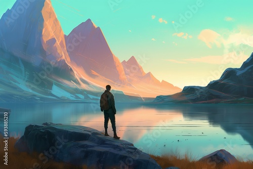 Man standing on shore. Generate Ai