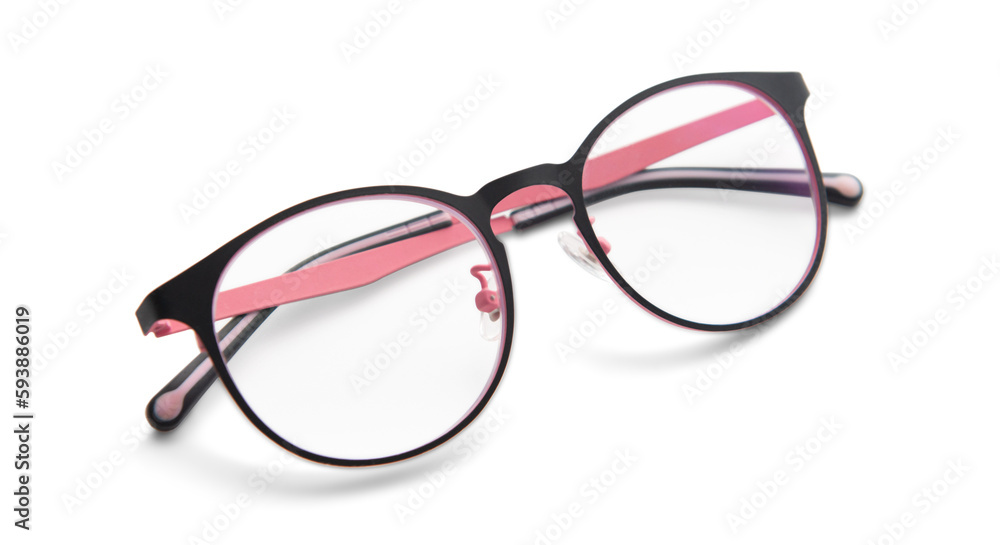 Fashion glasses with a combination of black and pink frames For everyday reading For people with visual impairments. Blue background as a health concept background with copy space. Fashion glasses with a combination of black and pink frames For everyday reading For people with visual impairments. Blue background as a health concept background with copy space.
