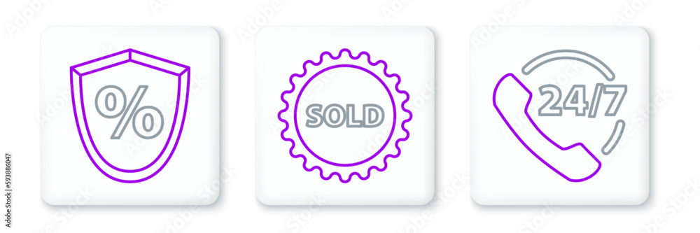Set line Telephone 24 hours support, Loan percent and Sold label icon. Vector Set line Telephone 24 hours support, Loan percent and Sold label icon. Vector