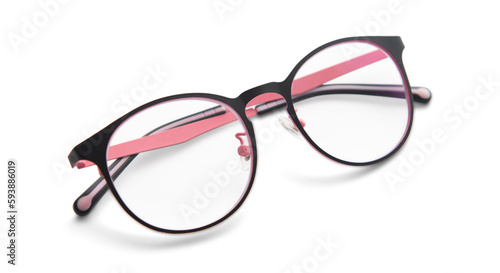 Fashion glasses with a combination of black and pink frames For everyday reading For people with visual impairments. Blue background as a health concept background with copy space.