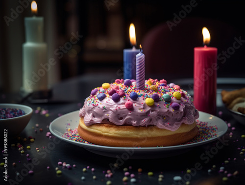 purple blueberry birthday cake with birthday candles