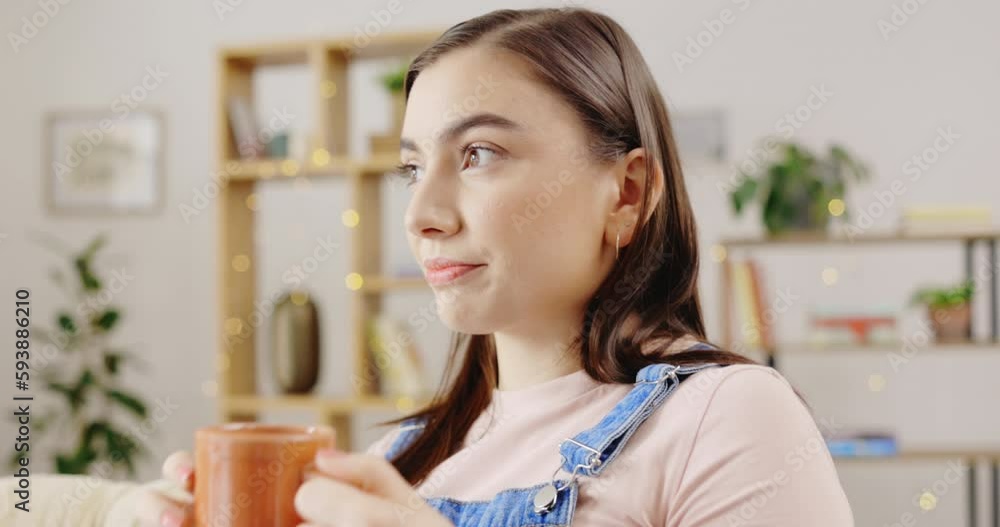 Relax, coffee and calm with woman on sofa for free time, weekend and morning. Break, rest and peace with female and tea beverage in living room at home for thinking, carefree and happiness Relax, coffee and calm with woman on sofa for free time, weekend and morning. Break, rest and peace with female and tea beverage in living room at home for thinking, carefree and happiness