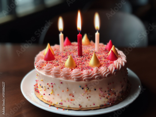 pink birthday cake with burning candles