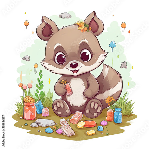 cute animal taking pills in the forest, tripping