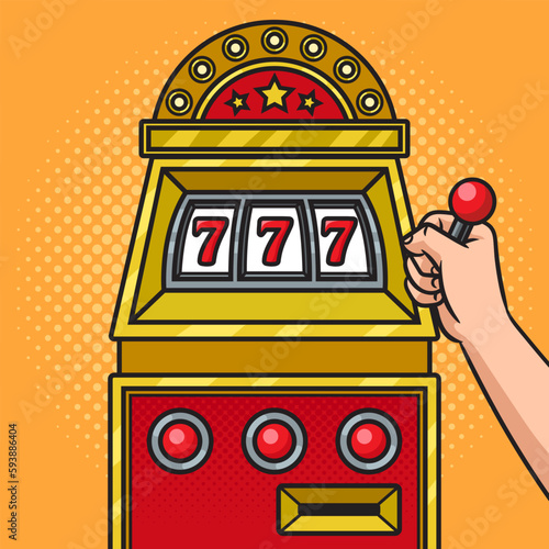 slot machine win pinup pop art retro vector illustration. man playing a slot machine. Comic book style imitation.