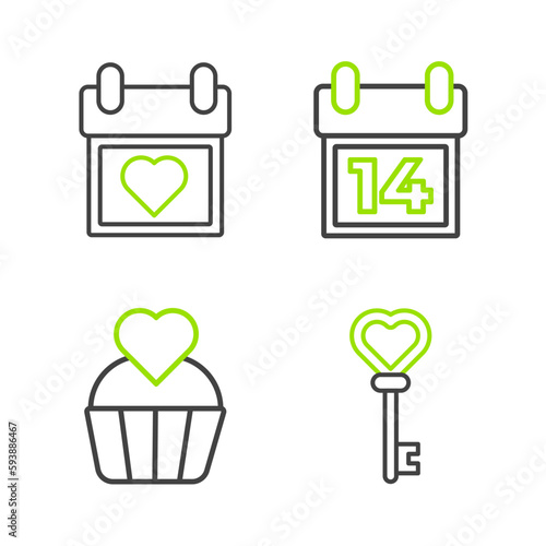 Set line Key in heart shape, Wedding cake with, Calendar February 14 and icon. Vector