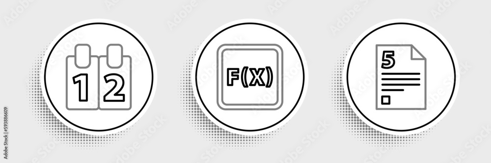 Set line Test or exam sheet, Calendar and Function mathematical symbol icon. Vector Set line Test or exam sheet, Calendar and Function mathematical symbol icon. Vector