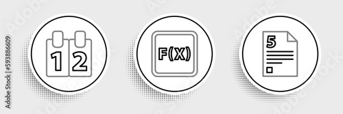 Set line Test or exam sheet, Calendar and Function mathematical symbol icon. Vector