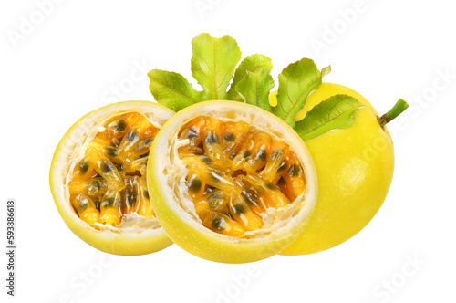 yellow passion fruit with leaf on transparent png