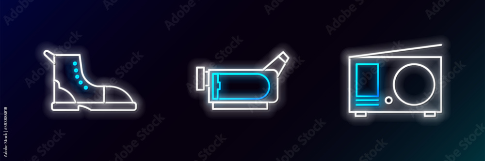 Set line Radio with antenna, Hiking boot and Cinema camera icon. Glowing neon. Vector Set line Radio with antenna, Hiking boot and Cinema camera icon. Glowing neon. Vector