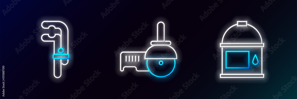 Set line Paint bucket, Clamp tool and Angle grinder icon. Glowing neon. Vector Set line Paint bucket, Clamp tool and Angle grinder icon. Glowing neon. Vector